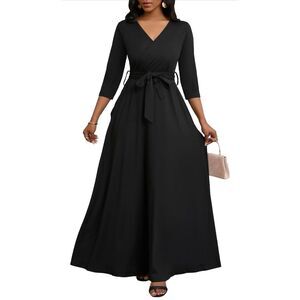 NEW BLACK V Neck 3/4 Sleeves Maxi Dress L